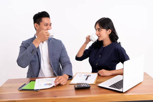 Portret van een zakenpartner die zijn bedrijfswinst berekent en werkt op een laptop. — Stockfoto