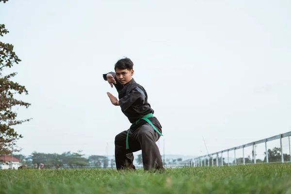 Ásia masculino lutadores vestindo pencak silat uniformes executar baixo postura movimentos — Fotografia de Stock