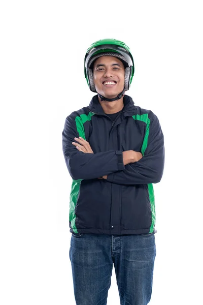 Üniformalı Asyalı motosiklet sürücüsü — Stok fotoğraf