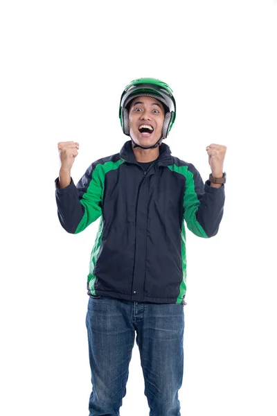 Successful motor taxi rider raise his arm — Stock Photo, Image