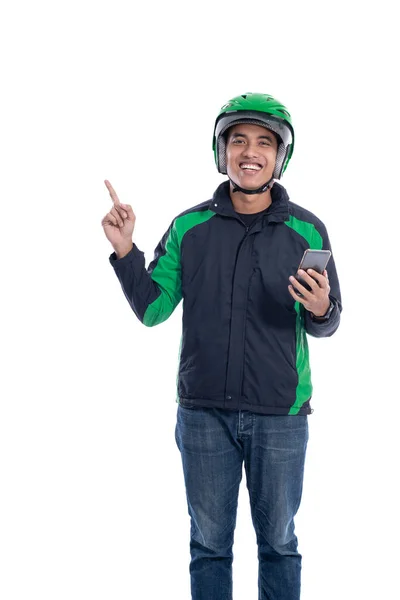 Man rider wear helmet pointing — Stock Photo, Image