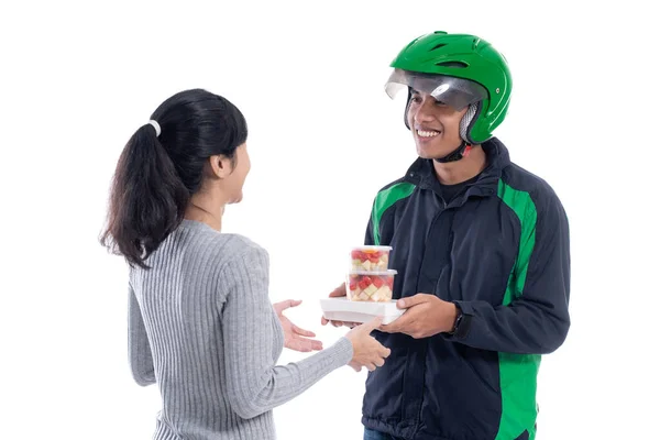 Asian delivery courier delivering food to female customer — Stock Photo, Image