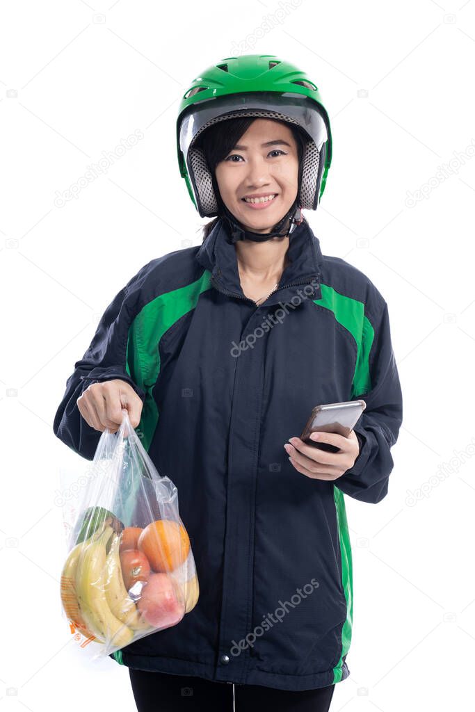 courier with food on a plastic bag delivering food