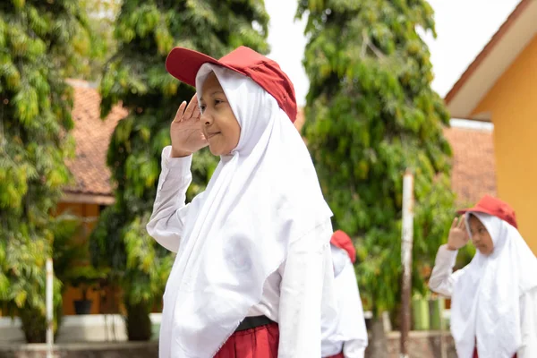 Bendera kehormatan dilakukan oleh siswa gadis kecil — Stok Foto