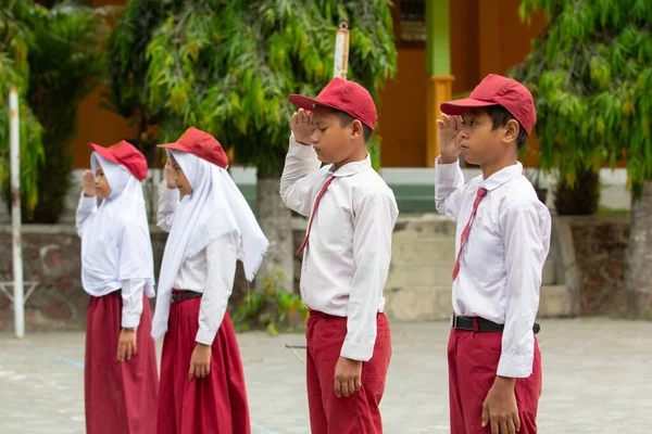 Tanda kehormatan dilakukan oleh siswa SD Indonesia — Stok Foto