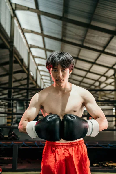 Retrato de boxeador masculino profissional contra fundo de treinamento de boxe — Fotografia de Stock