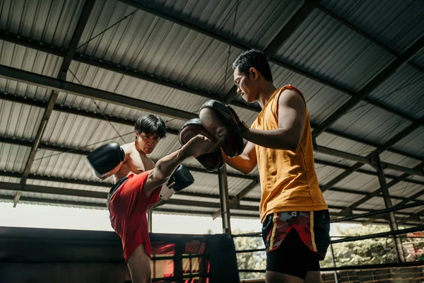 Kickboxer e treinador de treinamento, juntamente com almofadas de perfuração — Fotografia de Stock