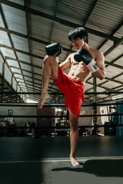 Kickboxer dělá houpačky kolenem — Stock fotografie