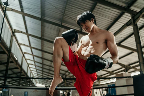 Kickboxer dengan copyspace melakukan peregangan membuat gerakan ayunan dengan lututnya — Stok Foto