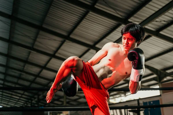 Lutador boxeador muscular em luvas de boxe faz pontapé no joelho — Fotografia de Stock