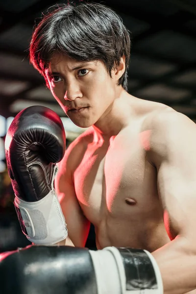 Close up de pugilista lutador em luvas de boxe pronto para lutar — Fotografia de Stock