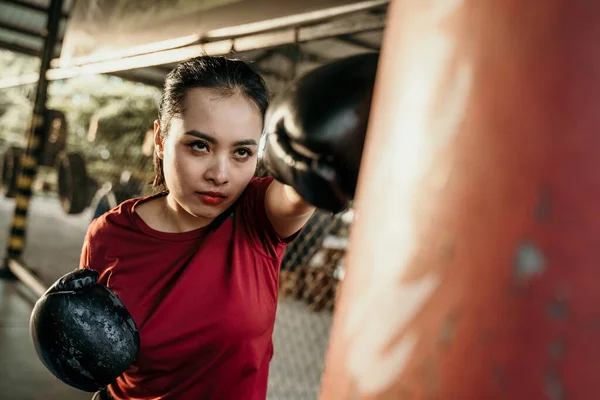 Donna pugile combattente facendo esercizio colpire sacco da boxe con copyspace — Foto Stock