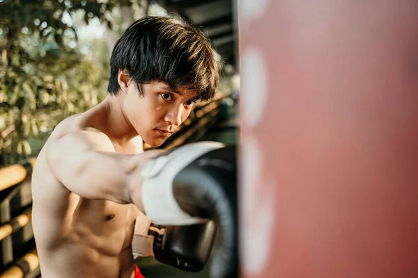 Young man boxer doing exercise hitting punching bag — Stock Photo, Image