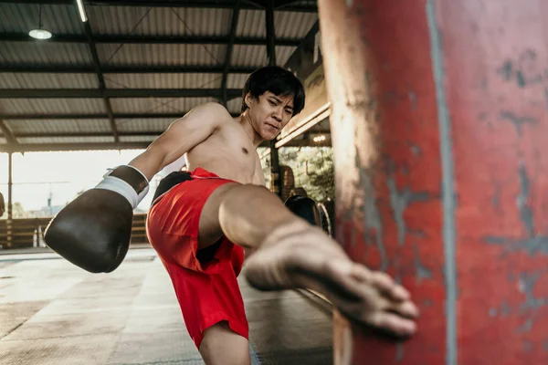 Combatiente practicando algunas patadas con un saco de boxeo —  Fotos de Stock