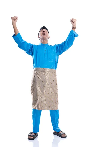 Happy excited malay male raise his hand — Stock Photo, Image