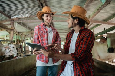 İnek çiftçisi çift tablet kullanırken parmaklarını tablet ekranına gösteriyor