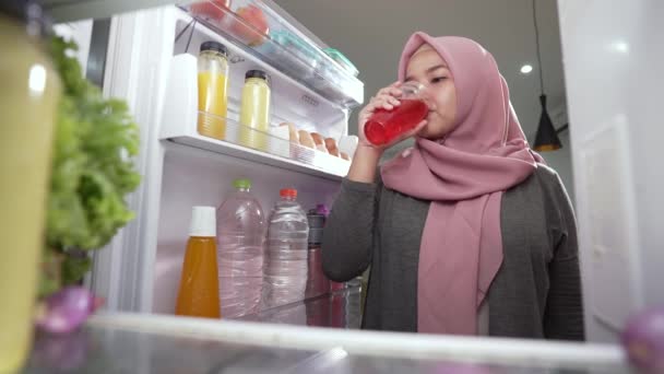 Husfru tar en drink från kylen. skjuta inifrån — Stockvideo