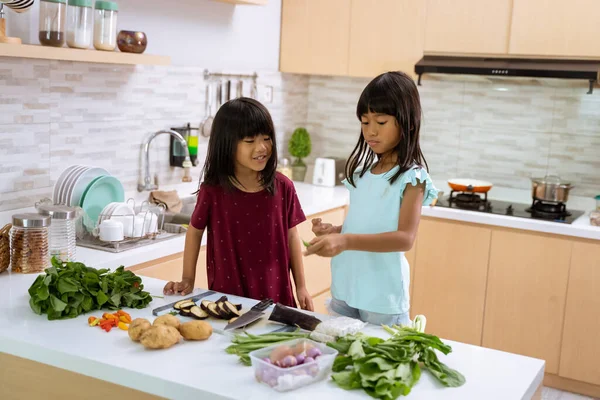 Дві красиві маленькі дівчата готують і готують вечерю на кухні — стокове фото
