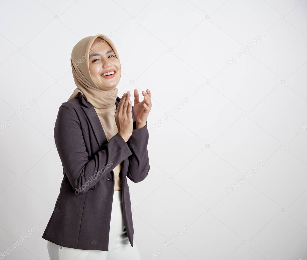 woman entrepreneur wearing hijab smiling applause, office work concept
