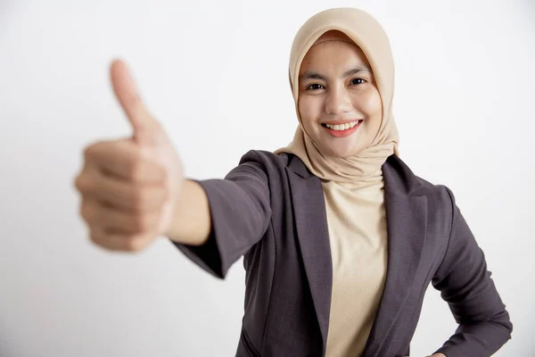 Women wearing suits hijab good sign hand pose, formal work concept — Stock Photo, Image