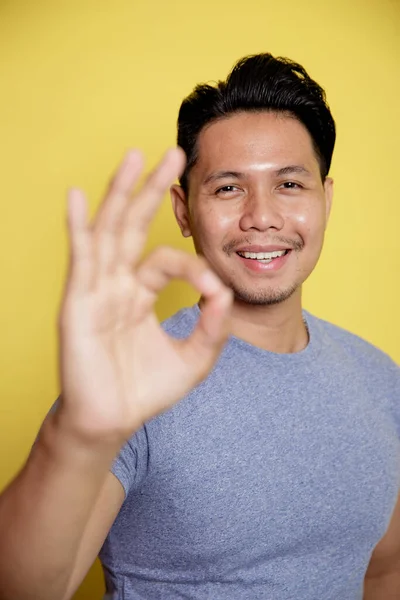 Primer plano hombre vistiendo casual camiseta sonrisa expresión mostrando OK signo con él mano —  Fotos de Stock