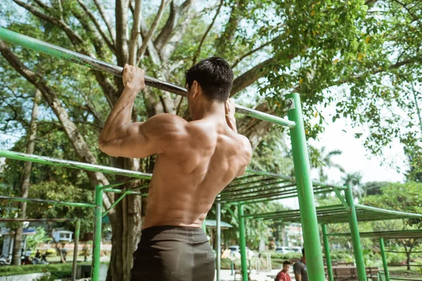 Achteraanzicht van een gespierde man zonder kleren die pull-up oefeningen doet met ijzeren staaf — Stockfoto