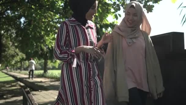 Mujeres musulmanas en hijabs al aire libre en un día soleado con un amigo feliz — Vídeos de Stock