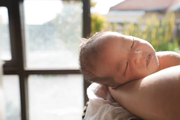 Neonato prendere il sole sotto il sole del mattino a casa accanto alla finestra — Foto Stock