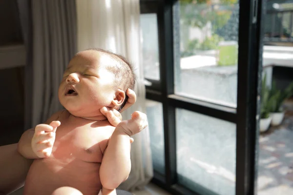 窓のそばの家で朝の太陽の下で生まれたばかりの赤ちゃん — ストック写真