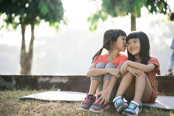 アジア系の2人の子供が朝公園で休憩中です — ストック写真