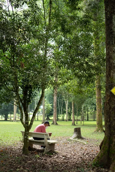 Senior asian man wearing a face mask and sitting in a park — Stock Photo, Image