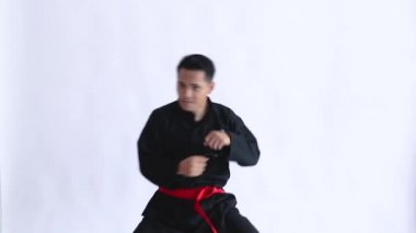 Gülümseyen Asyalı adamlar pencak silat üniforması giyip pasang hareketleriyle ayağa kalkın.