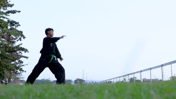 Pencak silat üniforması giyen Asyalı erkek dövüşçü ön duruşunu sergiliyor. — Stok video