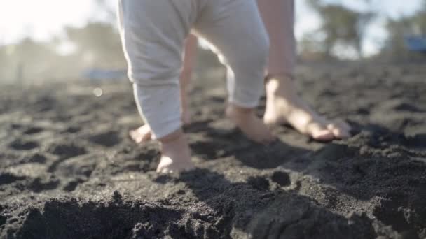 Madre ayudar a su bebé a caminar su primer paso — Vídeo de stock