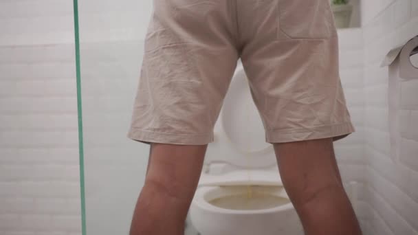 Een man die staand in het toilet plast — Stockvideo