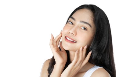 attractive girl with long black hair with both hands pose gently holding cheek