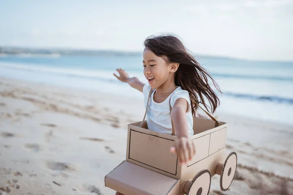 Figlia che gioca con un aereo di cartone sulla spiaggia — Foto Stock