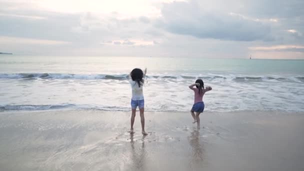 Tytöt pitää hauskaa ja iloa aikaa kauniilla rannalla juostessa ilosta — kuvapankkivideo