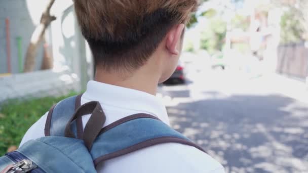 Estudiante que usa mascarilla antes de ir a la escuela o al campus — Vídeo de stock