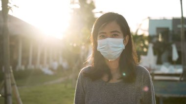 Coronavirus. Asyalı kadın virüslerden kaçınmak için tek kullanımlık tıbbi maske takıyor..