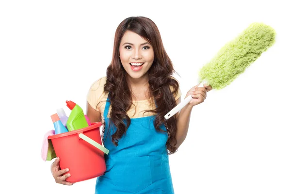 Woman with cleaning equipment — Stock Photo, Image