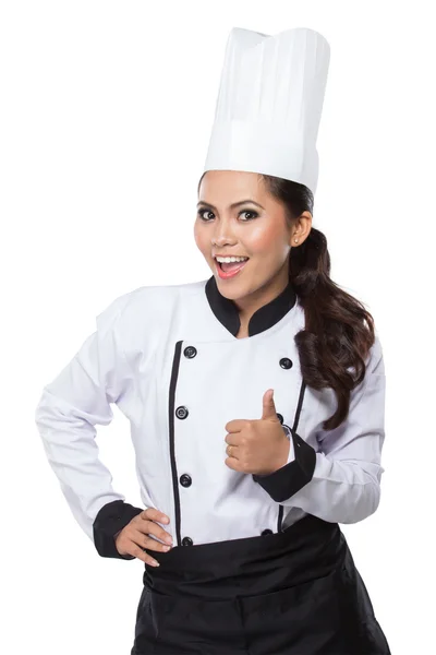 Chef-kok vrouw - gelukkig duimschroef opwaarts — Stockfoto