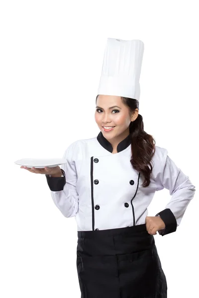 Beauty woman Chef presenting — Stock Photo, Image