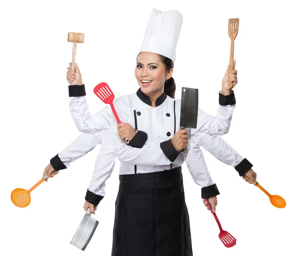 Mooie vrouw chef-kok in actie — Stockfoto