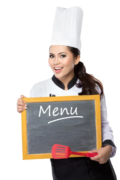 Young  woman Chef presenting — Stock Photo, Image