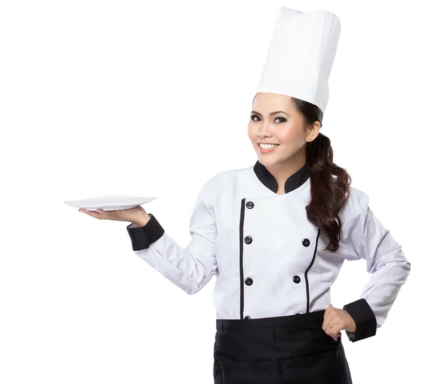 Beauty woman chef presenting — Stock Photo, Image