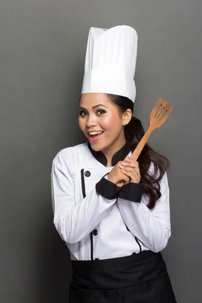 Mujer bonita Chef en acción — Foto de Stock