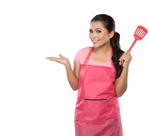 Beauty woman house wife presenting — Stock Photo, Image