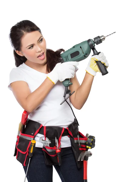 Trabalhador da construção feminina com broca — Fotografia de Stock