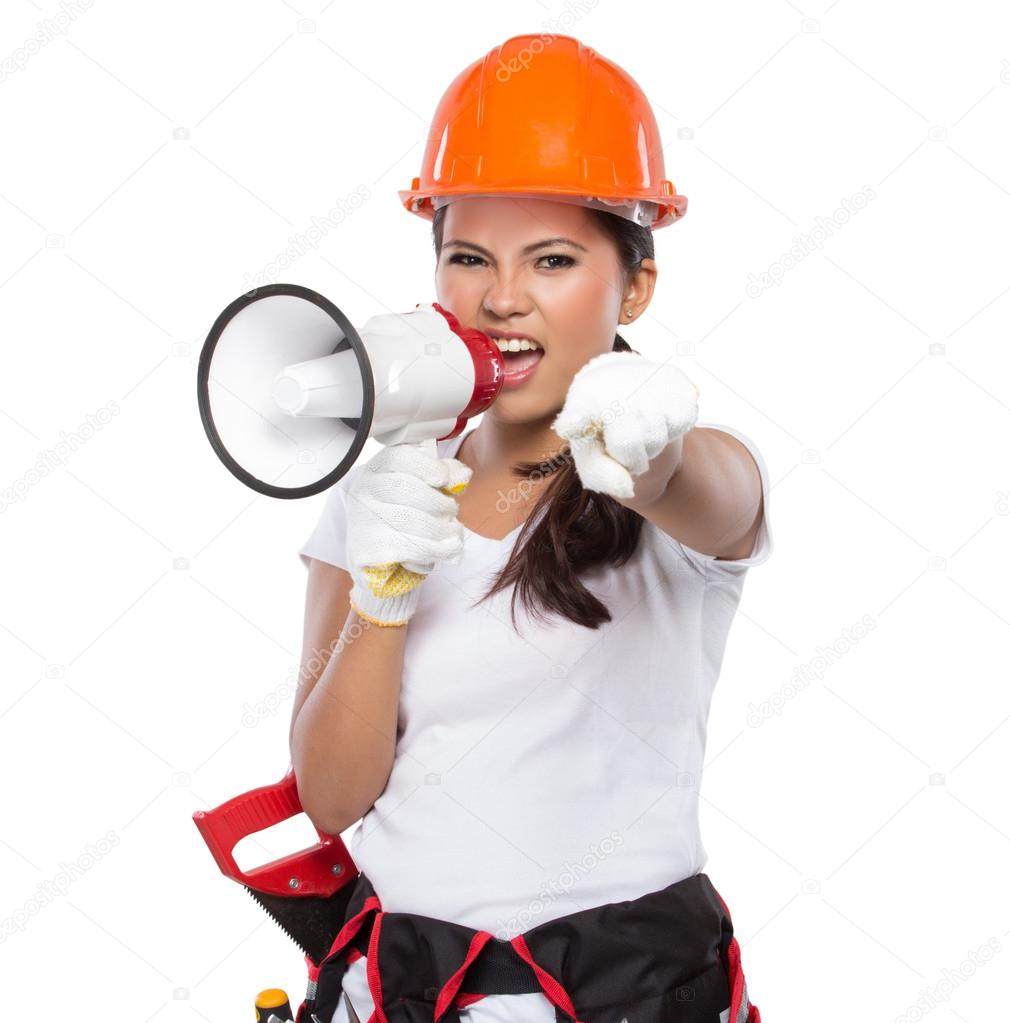female construction worker in action